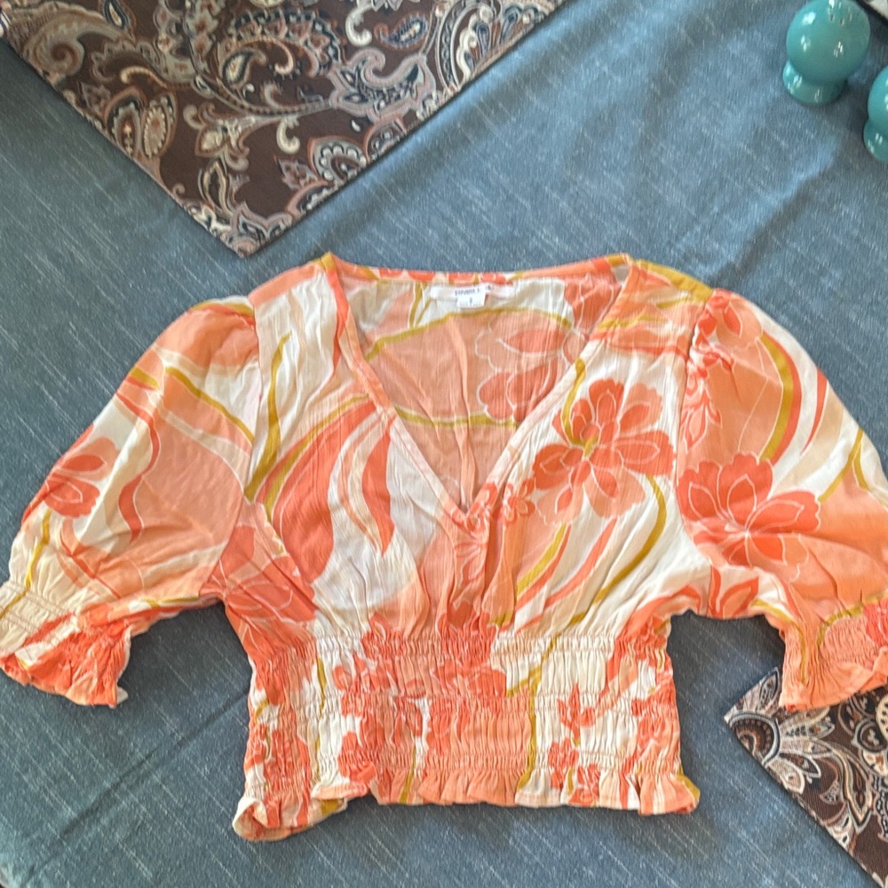 O'Neill Orange Floral Smocked V-Neck Crop Top